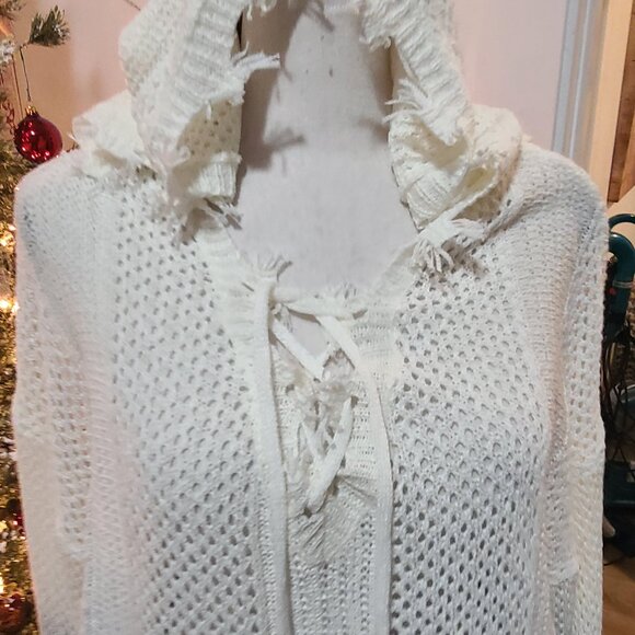 POL White & Blue Open Weave Hooded Sweater Laced Front Neckline Sz L Frayed Edge - Picture 2 of 6